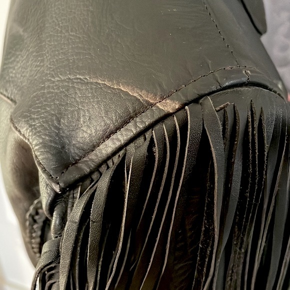 Leather Jacket w/ Hand Painted Cat Black Fringe Motorcycle Western Vintage Small - Picture 13 of 16